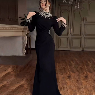 欧美高级感轻奢优雅风黑色长袖镶钻修身礼服女小众聚会气质晚装裙