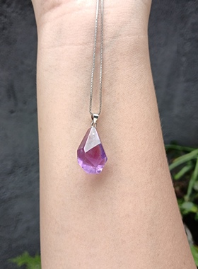 天然紫水晶吊坠刻面随型项链精工雕刻S925银扣头送女友情侣礼物款