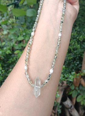 天然4.5mm葡萄石绿水晶柱石珍珠925银项链 小清新多巴胺锁骨链