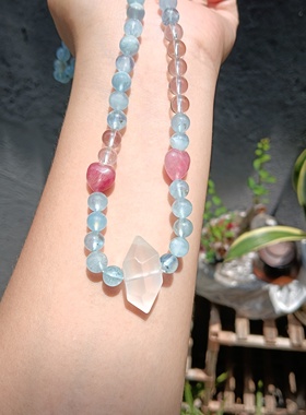 双鱼座天然7mm海蓝宝樱花雨粉晶项链女款轻奢小众设计感项链