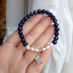 天然青金石珍珠银蝴蝶手链女款时尚百搭饰品礼物送女友闺蜜