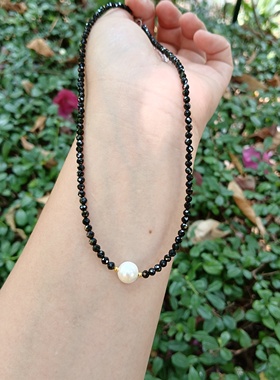 天然水晶3mm黑尖晶8mm淡水珍珠项链