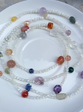 天然水晶白贝母多宝多圈项链女款毛衣链颈链配饰礼物原创款