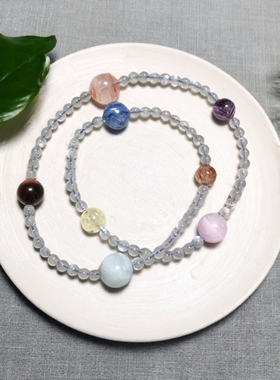 天然八大行星水晶灰月光海蓝宝蓝晶石紫水晶红虎眼黑金超七项链