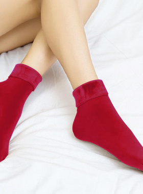 优质加绒袜子加厚雪地袜大红色男女秋冬季毛绒厚纯棉月子保暖短袜