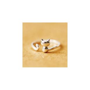 S925纯银可爱猫咪开 口戒指食指戒时尚百搭纯银戒指配饰女 防过敏