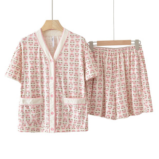 2025夏纯棉两件套可爱甜美娃娃头短袖短裤套装V领居家服女可外穿
