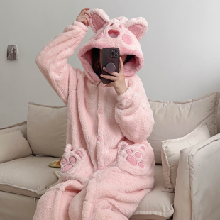 喵睡衣珊瑚绒连帽加厚家居服卡通可爱秋冬睡袍女加长浴袍睡裤