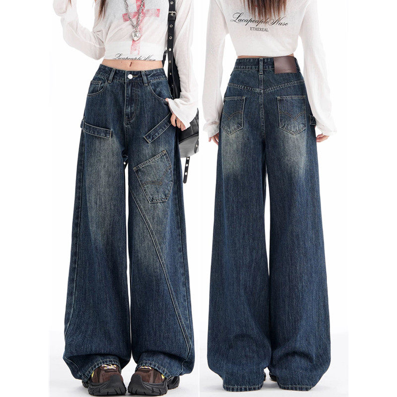 美式高街阔腿牛仔裤女秋季秋冬2026新款宽松直筒裤垂感工装拖地裤