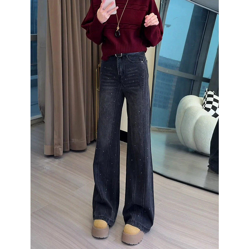 繁星烫钻高腰微喇直筒牛仔裤女加绒秋冬2025新款垂感不贴腿叭裤子