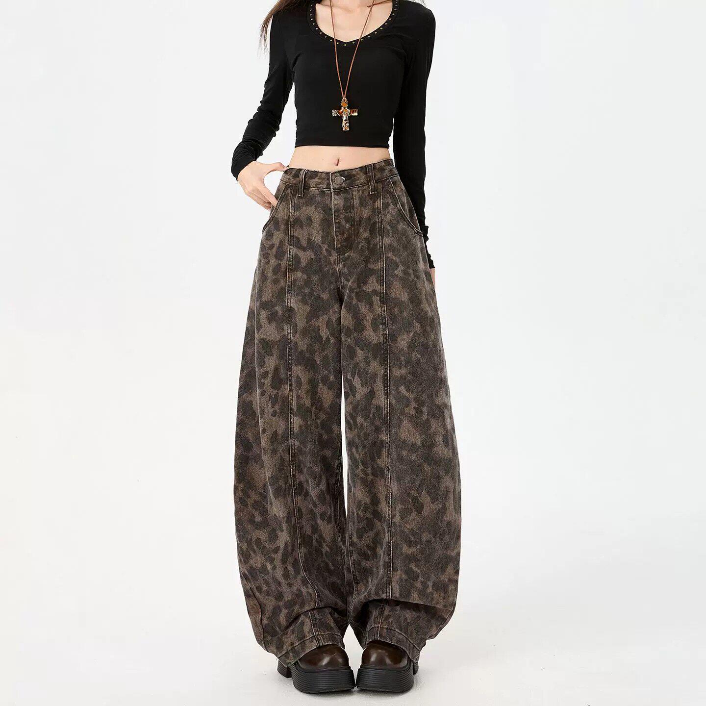 美式复古宽松豹纹牛仔裤女春季秋冬2026新款阔腿小众街头弯刀长裤