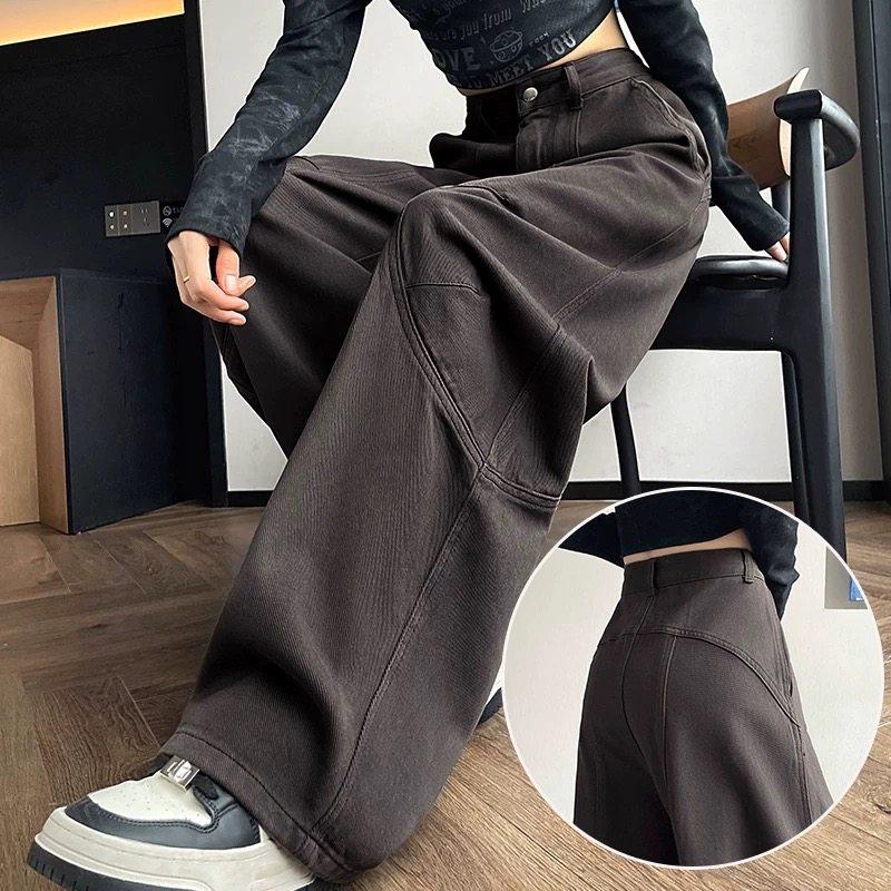 美式复古牛仔裤女加绒秋冬2025新款阔腿裤弯刀裤宽松拖地直筒裤子