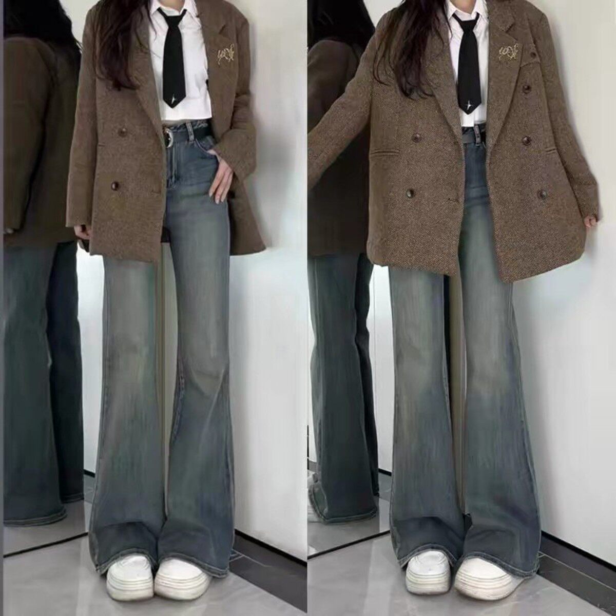 美式复古微喇牛仔裤女春季秋冬2026新款高腰不贴腿直筒拖地喇叭裤