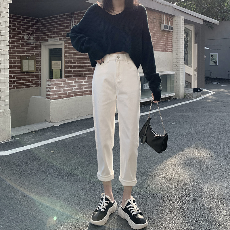 白色直筒九分哈伦牛仔裤女夏季薄款2023年新款高腰显瘦萝卜老爹裤
