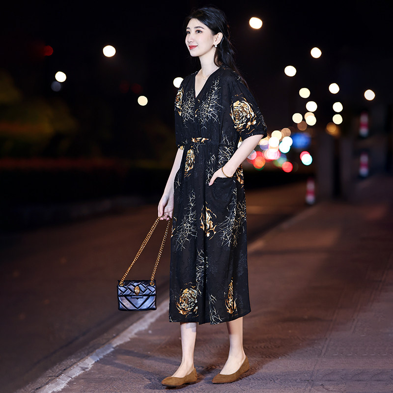 ModeFair大码真丝连衣裙女夏季新款高端国风提花遮肉桑蚕丝裙子