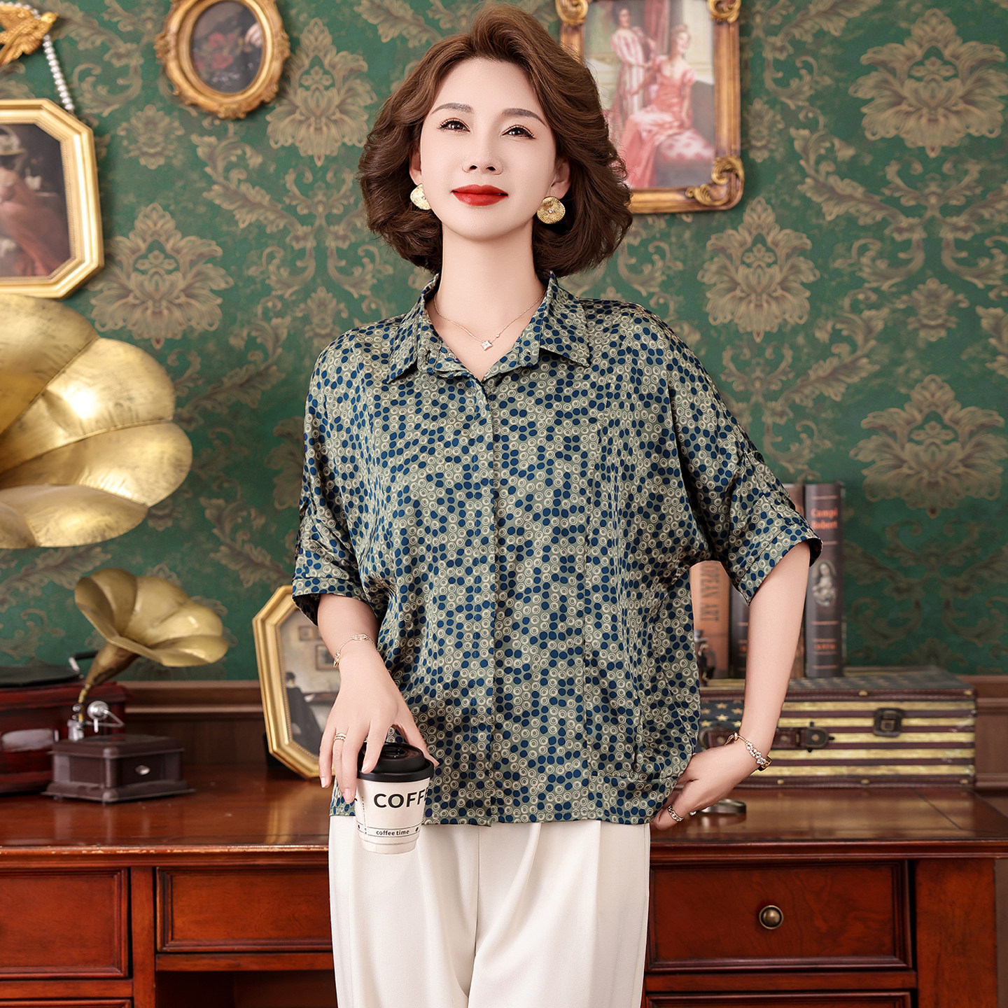 夏季真丝波点宽松显瘦妈妈衬衫