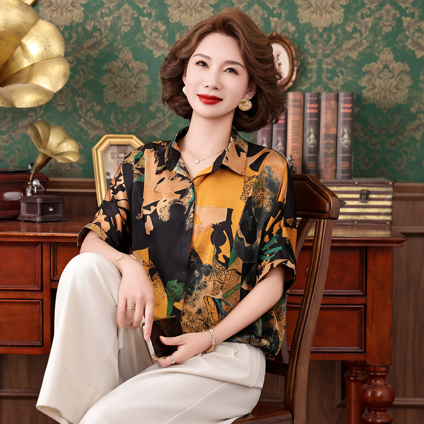 复古抽象印花桑蚕丝妈妈衬衫