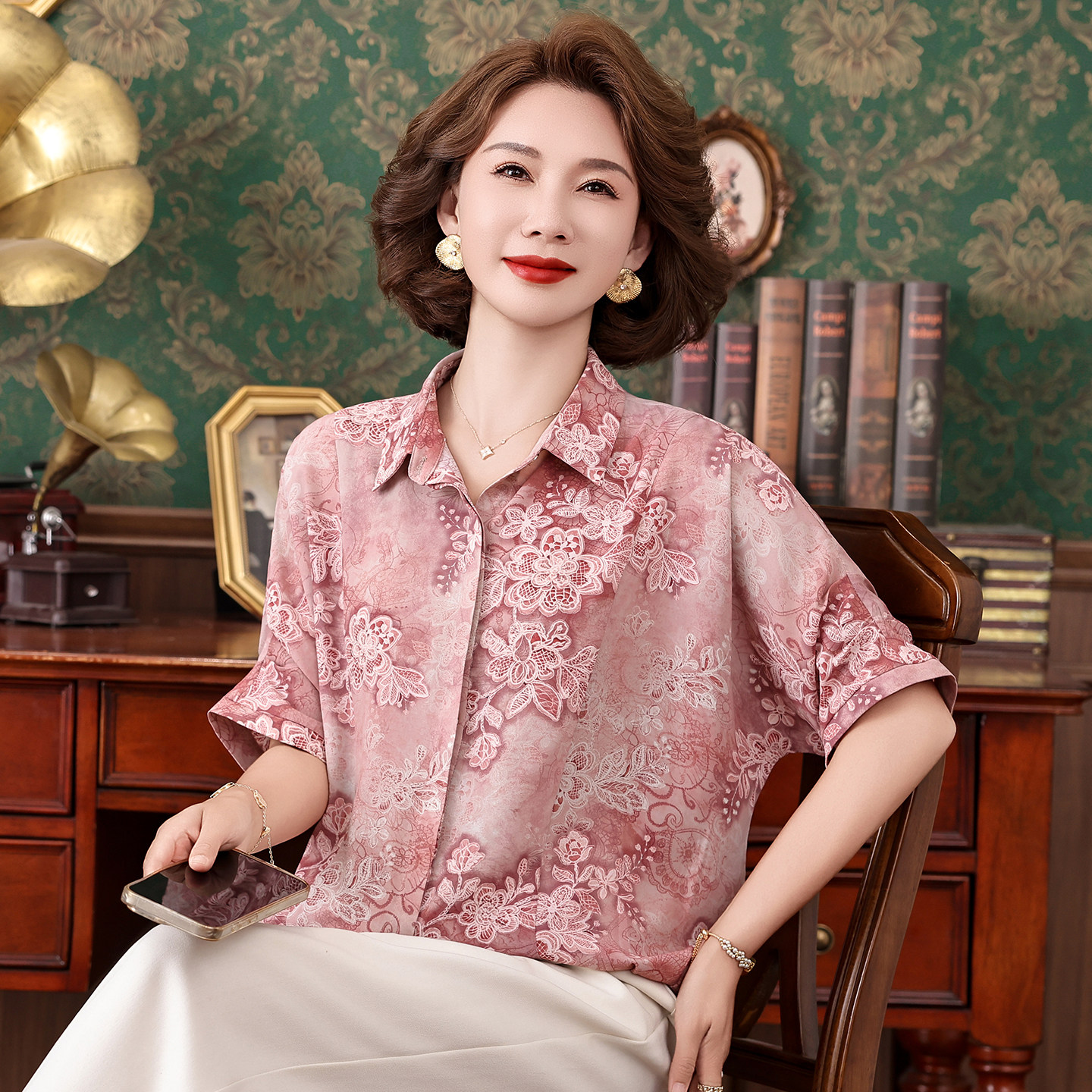 夏季真丝蕾丝宽松显瘦妈妈衬衫