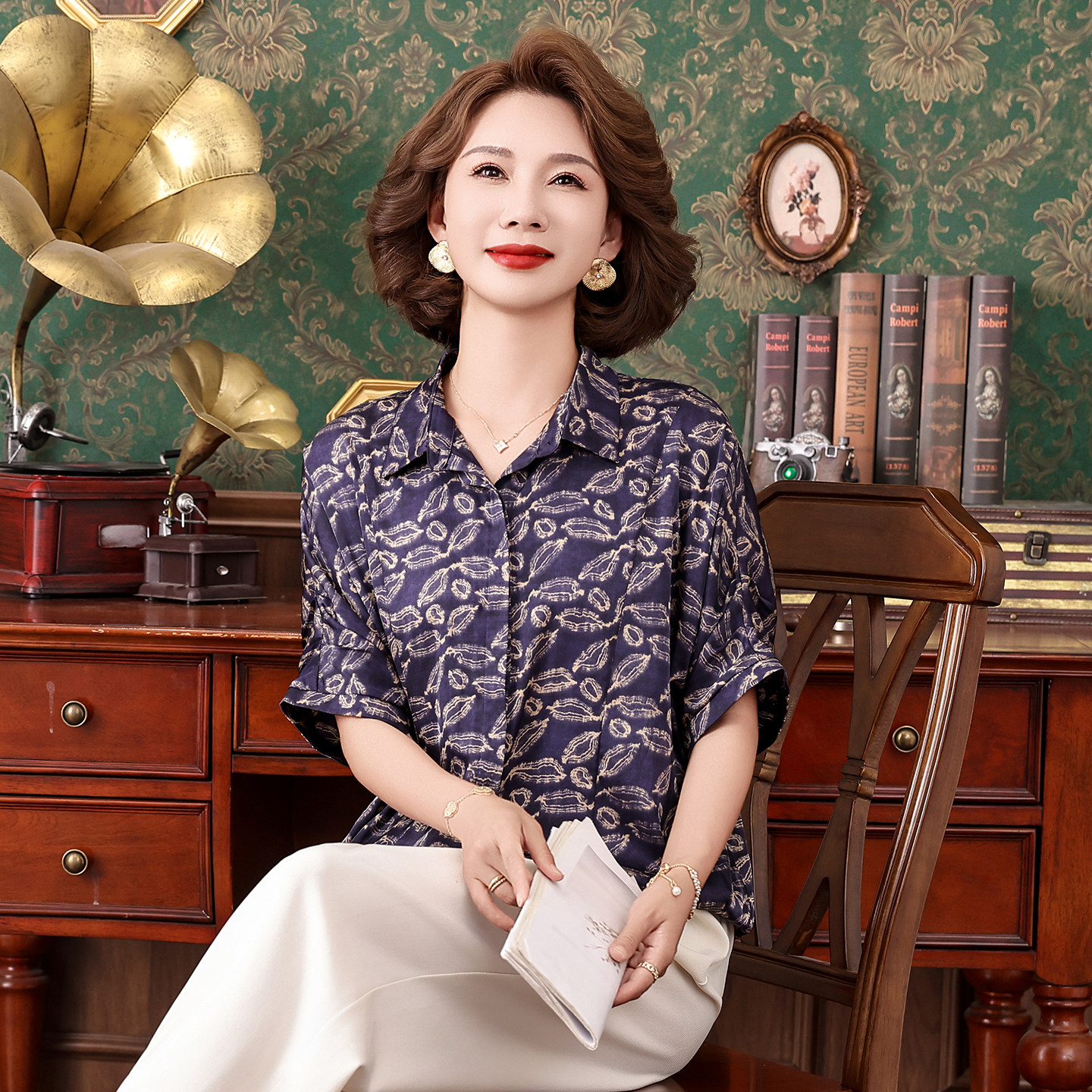 藏蓝印花真丝衬衫女夏宽松显瘦