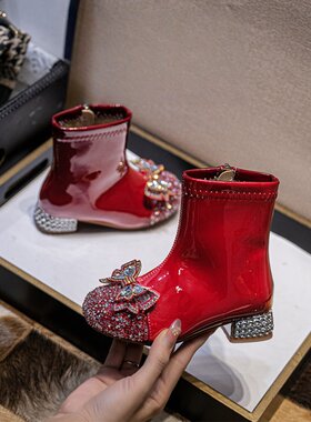 女童短靴高跟时尚公主靴2025秋冬粗跟水钻宝宝靴子红色儿童单靴