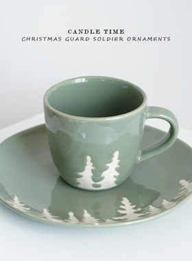 圣诞系列 绿色圣诞树花卉陶瓷杯子350ml 下午茶8寸甜品盘节日餐具