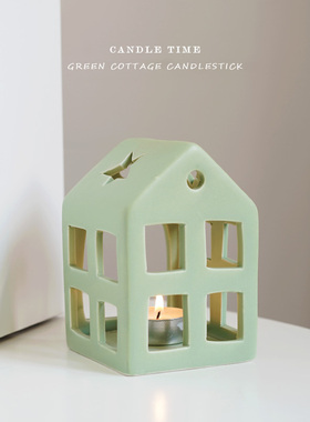 candle time 北欧创意绿色镂空陶瓷房子烛台 软装摆件氛围感装饰
