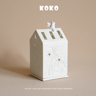 KOKO艺术浮雕设计北欧仙女房子陶瓷家居氛围感烛台灯摆件装 饰礼物