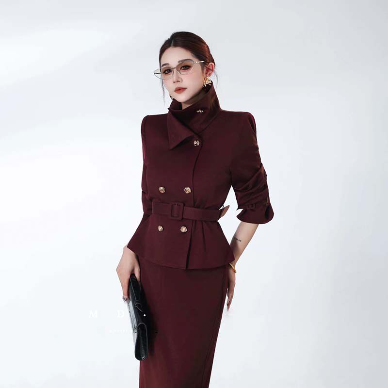 送腰带有里布气质休闲两件套2025秋季新款收腰上衣长裙套装DM0065