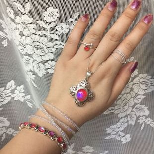 尼泊尔饰品 粉月光吊坠戒指手链套装 四叶草毛衣链吊坠925银复古