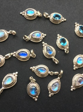 尼泊尔天然月光石复古925银吊坠