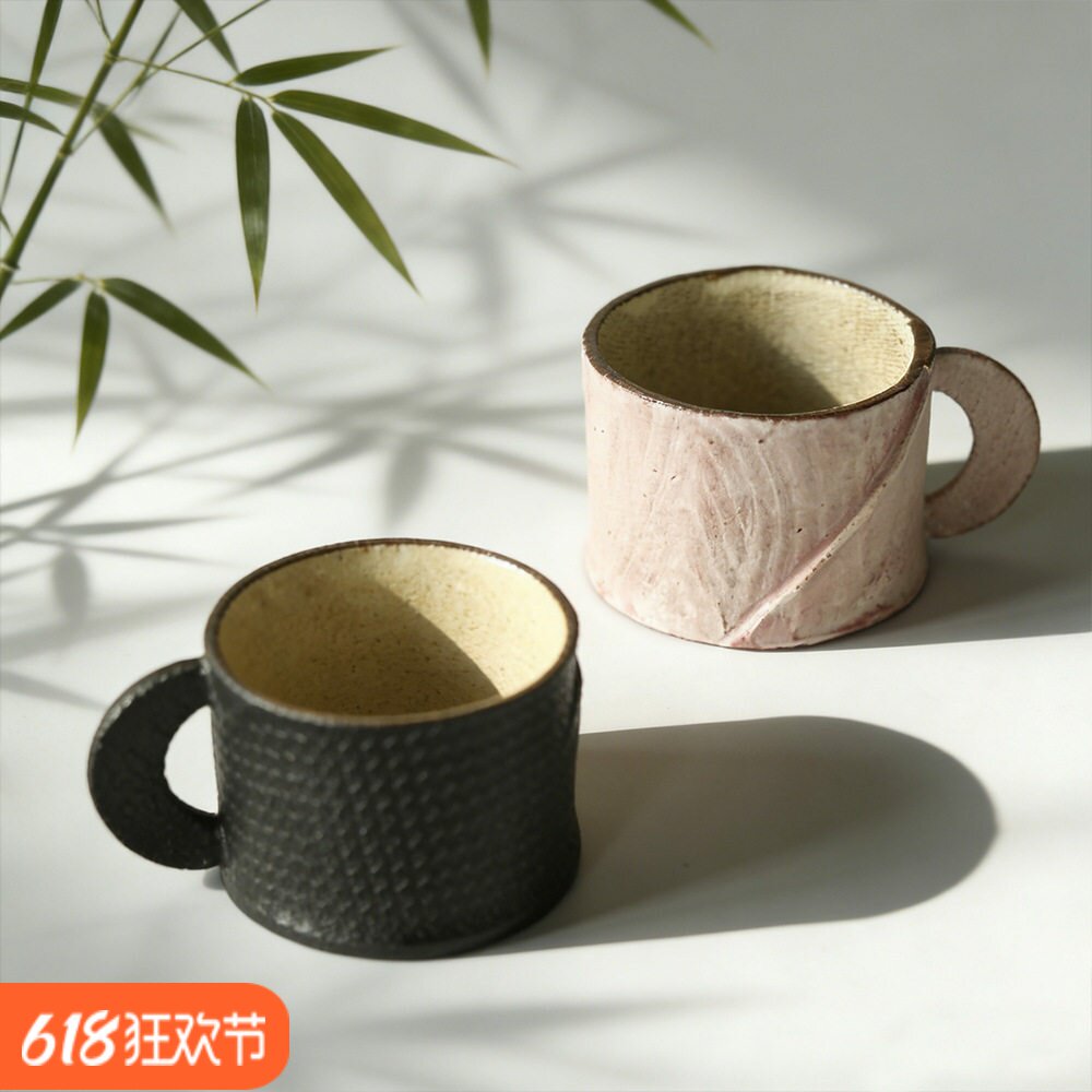 景德镇手作粗陶粉引樱花粉咖啡杯紫砂乌金茶杯办公室水杯陶瓷茶具