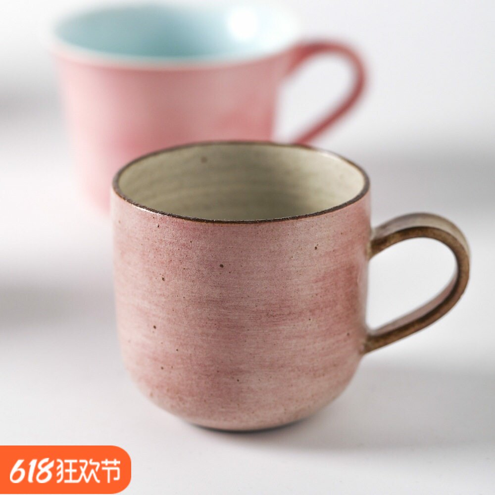 景德镇手工樱花粉粗陶高足咖啡杯复古棉麻纹陶瓷马克杯家用水杯