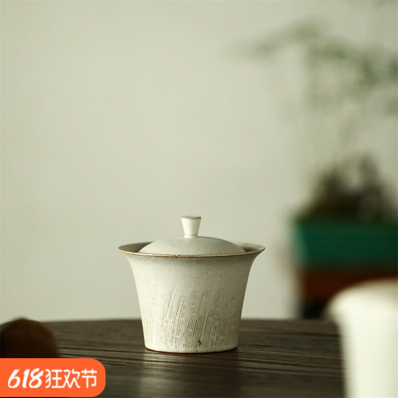 粗陶粉引马蹄盖碗景德镇纯手工茶具白色复古开片可养无托泡茶碗大