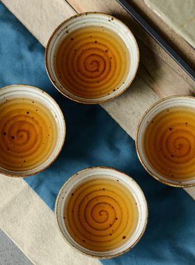 粗陶茶杯绿色釉铁斑岩泥主人杯小手工复古拙朴陶瓷茶具单杯品茗杯