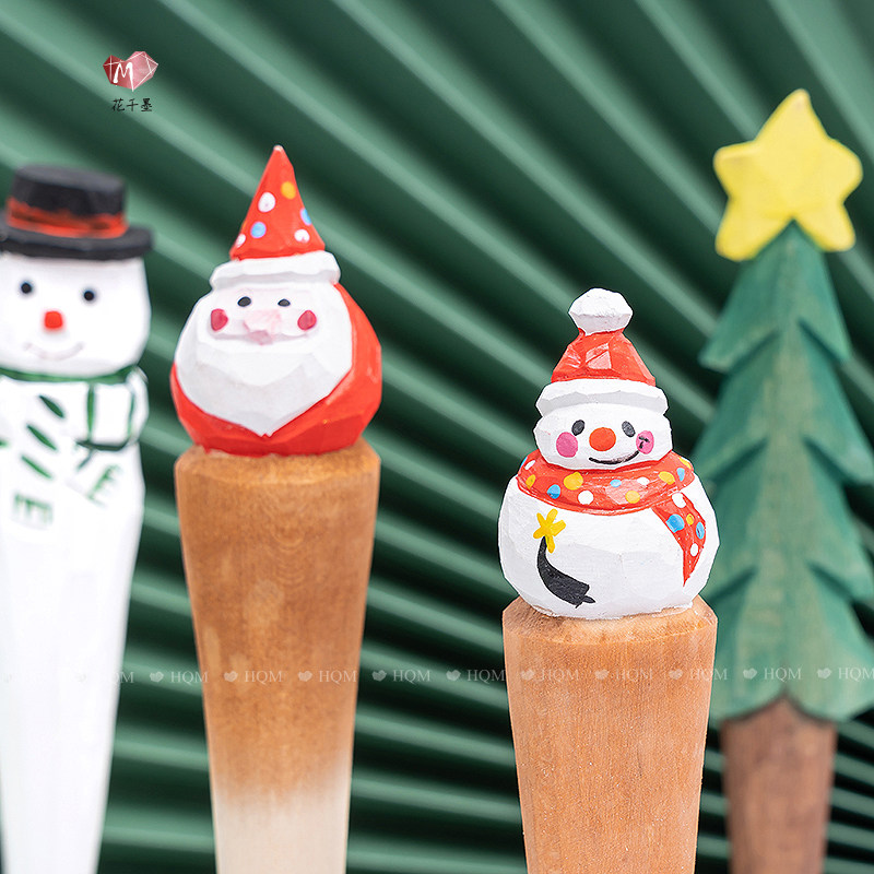 圣诞礼物实木雕刻中性笔圣诞老人雪人饼人签字笔学生礼物摆件道具