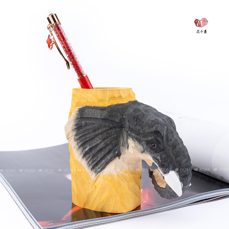 创意原木雕刻大象笔桶文具收纳盒艺术桌面摆件复古卡通动物笔筒礼