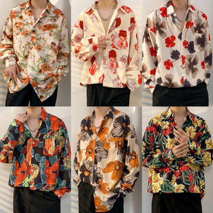 春秋长袖 ins男女痞帅宽松青少年情侣复古港风舞台表演衬衣 花衬衫