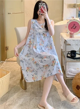 棉绸睡裙夏季薄款网红女士印花睡衣卡通人造棉新款无袖大码家居服