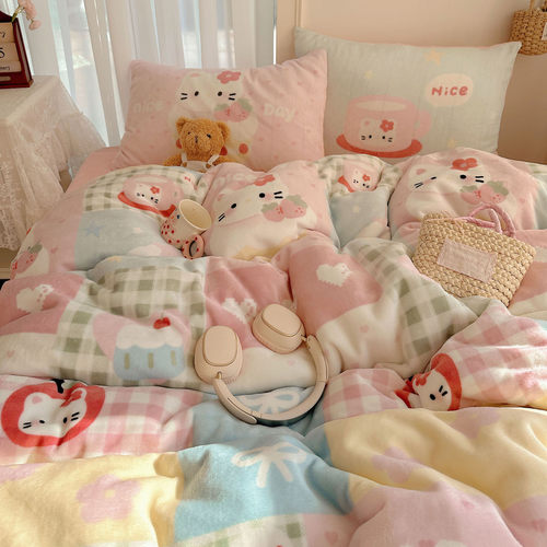 卡通少女心牛奶绒四件套卧室保暖