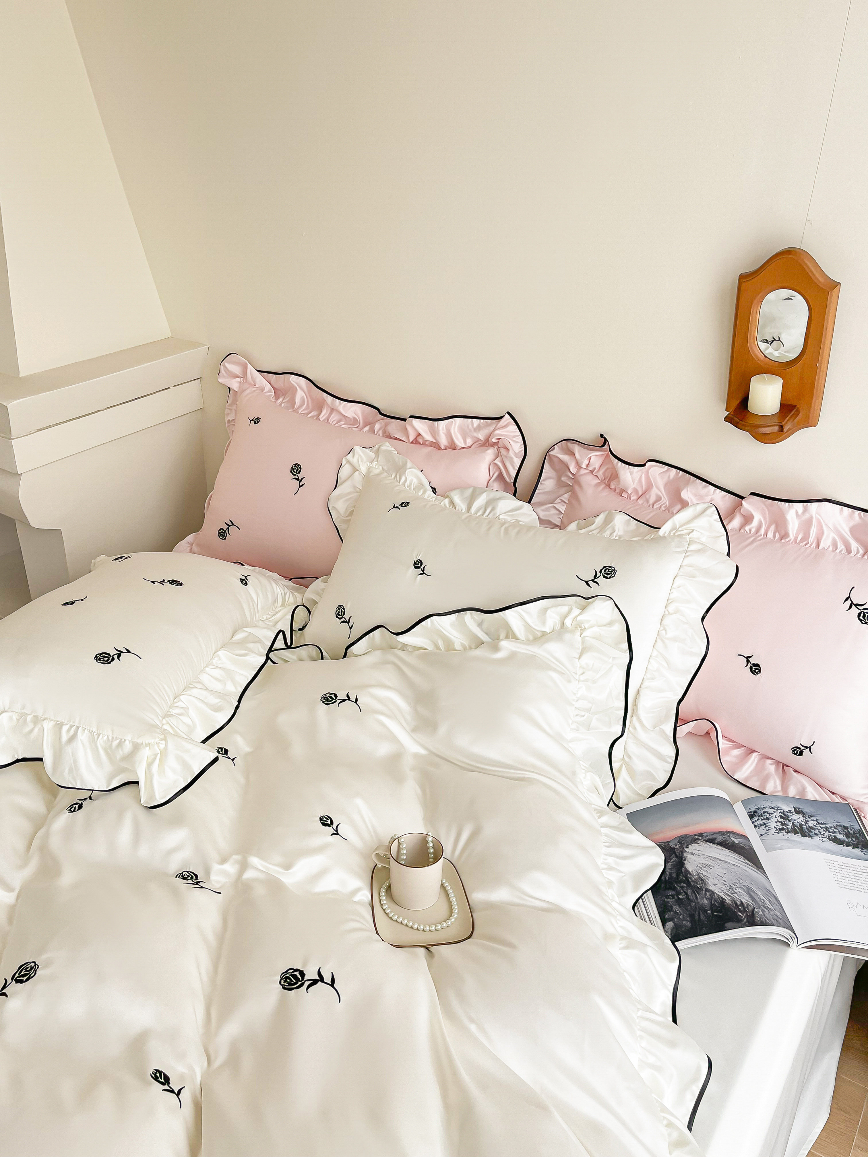 月亮睡了 法式玫瑰清新水洗真丝四件套田园床单被套宿舍床上用品