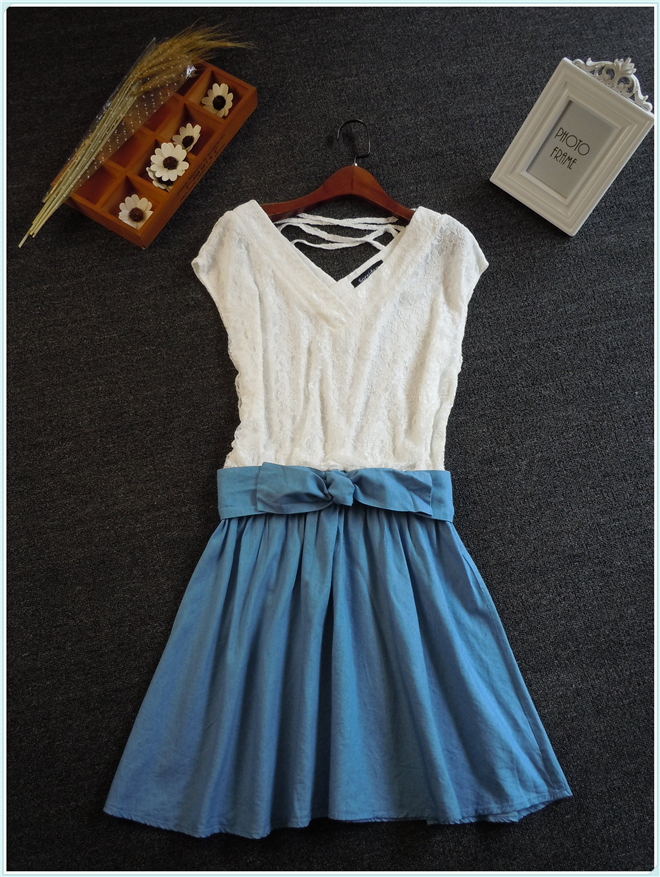 外贸日单连衣裙上下拼接蕾丝