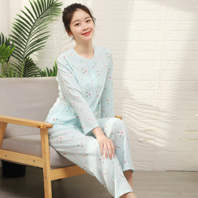 春夏季妈妈圆领开衫棉绸家居服