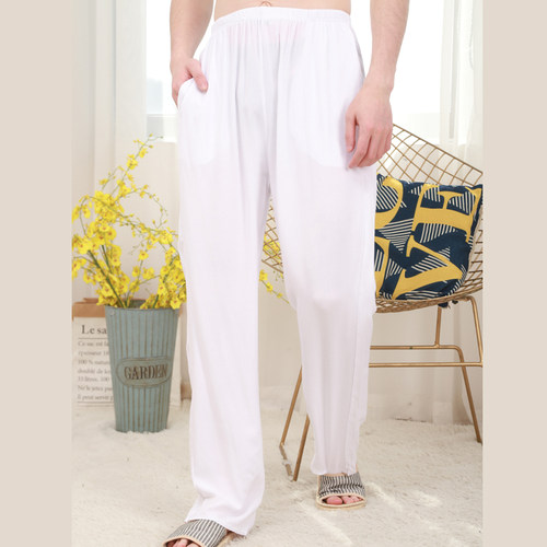 可外穿棉绸男装老年人白色睡裤