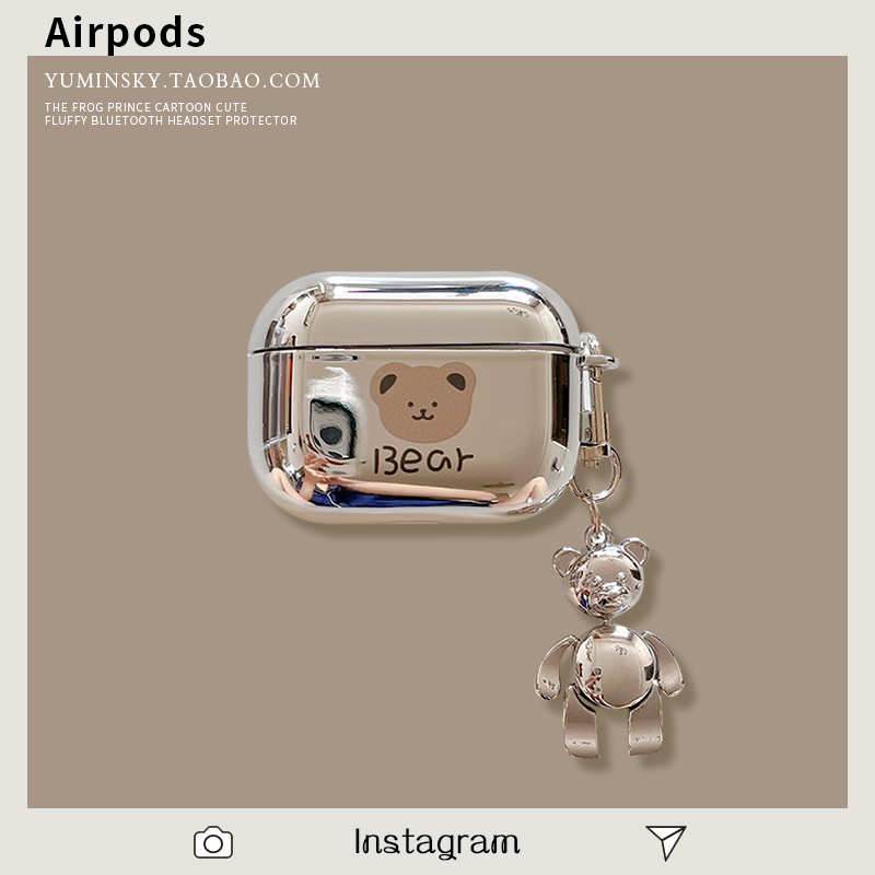 电镀卡通小熊公仔适用AirPods2代保护套创意苹果3代Pro耳机软壳女款AirPodsPro2趣味AirPods3挂坠防摔软壳潮