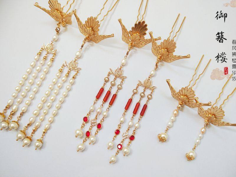 原创汉服配饰凤凰小钗凤凰发簪淡水珍珠流苏步摇发钗明制发簪唐风