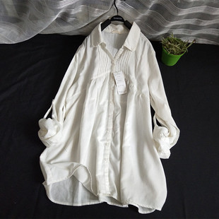 外贸原单早秋 薄款 小翻领两用可挽起长袖衬衫高腰打褶娃娃衫特女