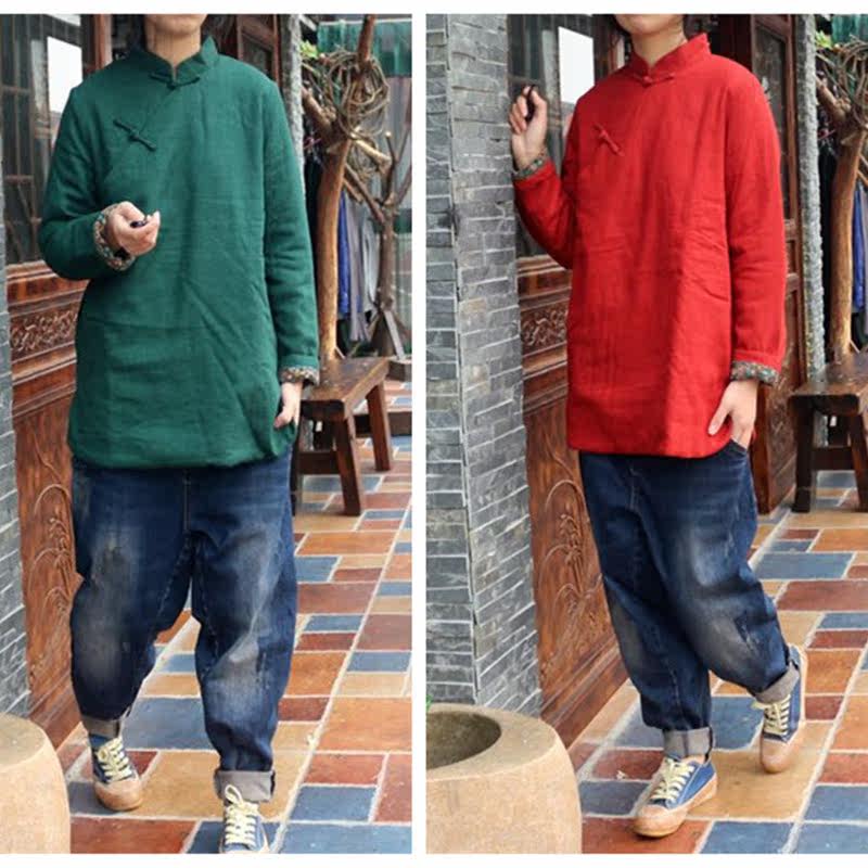 25原创棉麻复古手工盘扣中式立领斜襟文艺清新小棉衣棉袄女深绿色