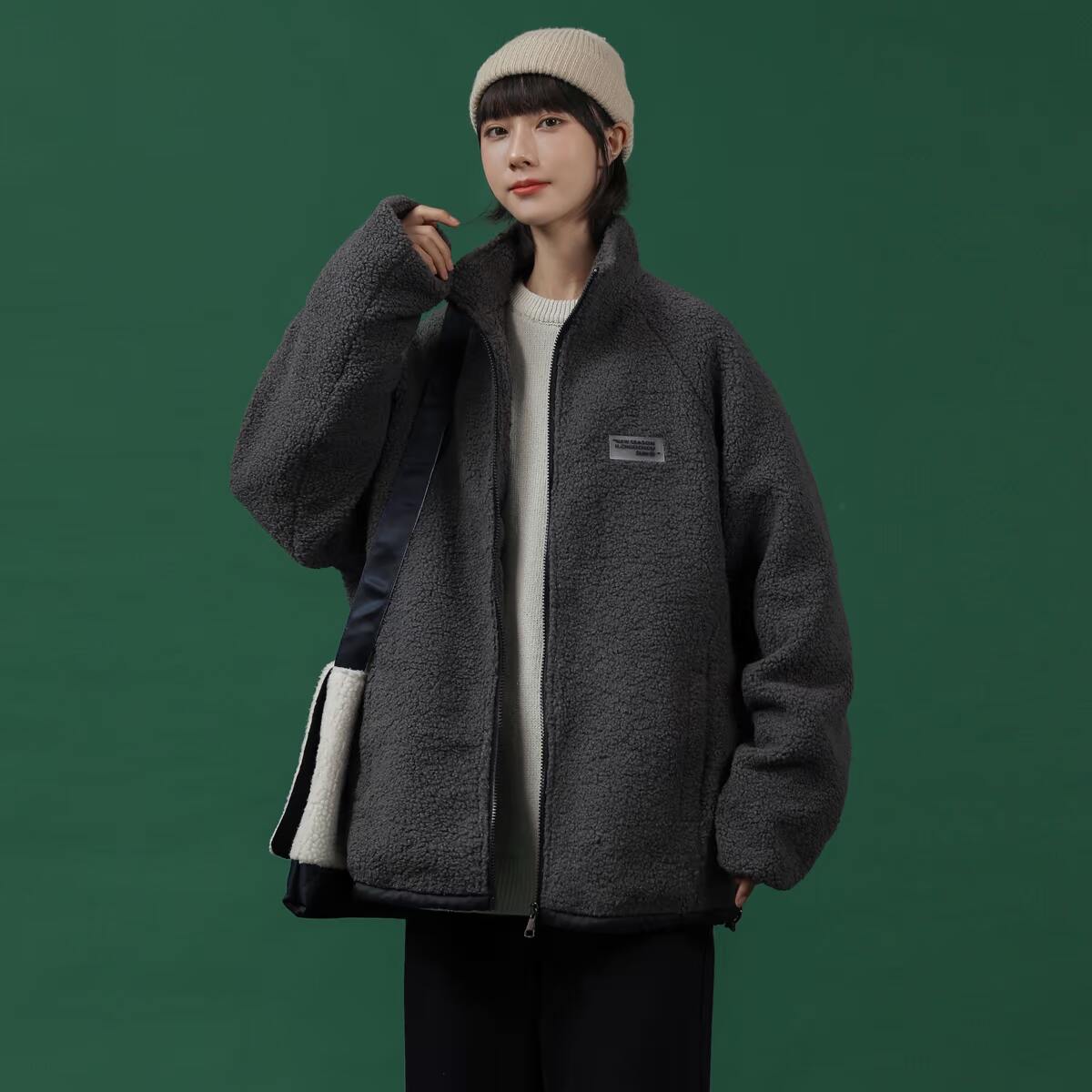@中性风纯色休闲宽松羊羔毛棉衣外套情侣加棉保暖221-1-WY10图片