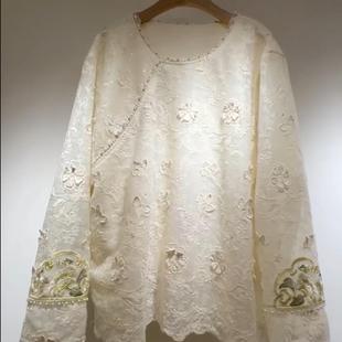 长袖 秋季 大码 中式 宽松型成人 衬衫 TY25207刺绣圆领蕾丝薄款