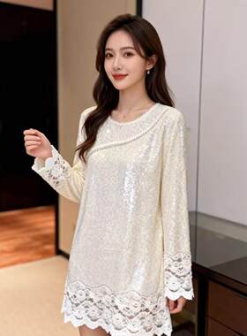 运补5米MLF249#常规中长款米白色短款蕾丝衫打底衫女士镂空